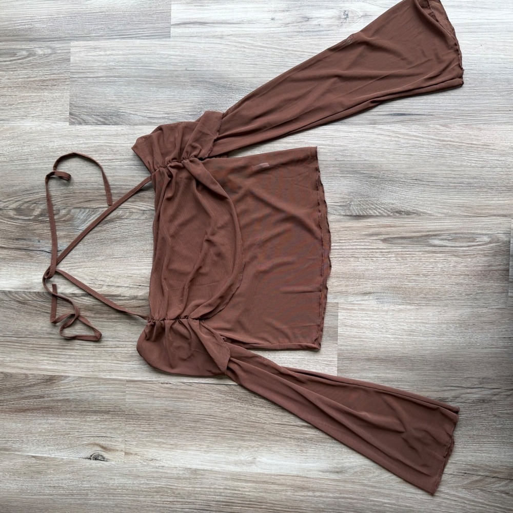 Brown Sheer Mesh Ruched Off Shoulder Long Sleeve Crop Top Halter Tie - Picture 4 of 7